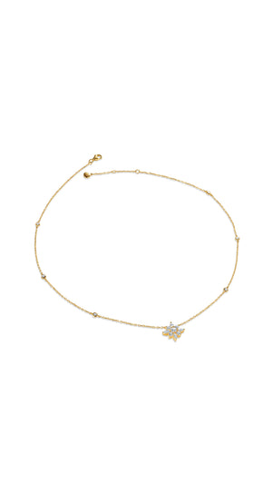 Delicate gold chain embellished necklace with round cut stones in bezel setting. Features a cluster of Round and Marquise cut stones resembling a flower.