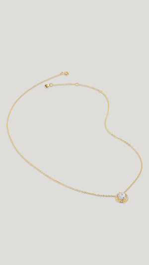 Gwen 18k gold vermeil on sterling silver  Round Brilliant stone necklace in an exquisite halo setting. 