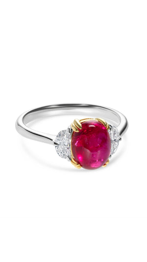 Lab-grown Ruby solitaire ring with recycled gemstone offcuts. Unique, sustainable design. Features half-moon  lab-created diamonds.