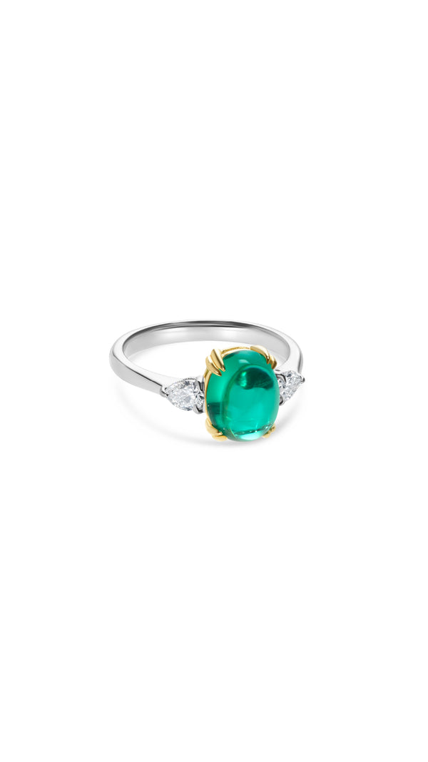 Cabochon Ring Emerald with Pears Sterling Silver