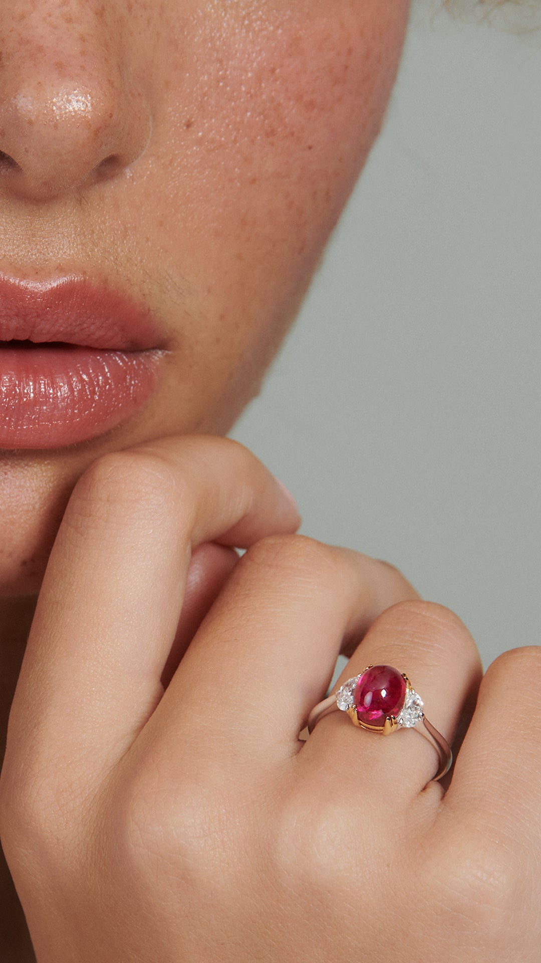 Cabochon Ring Ruby with Halfmoons Sterling Silver