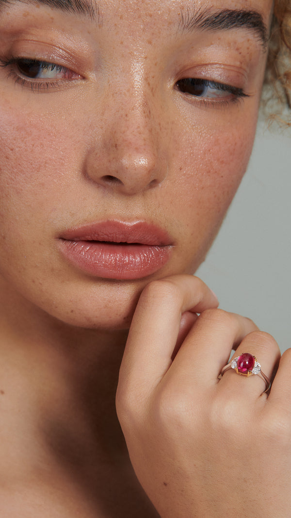 Cabochon Ring Ruby with Halfmoons Sterling Silver