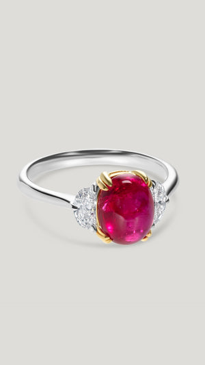 Cabochon cut ruby ring  for women with lab grown diamond half moons