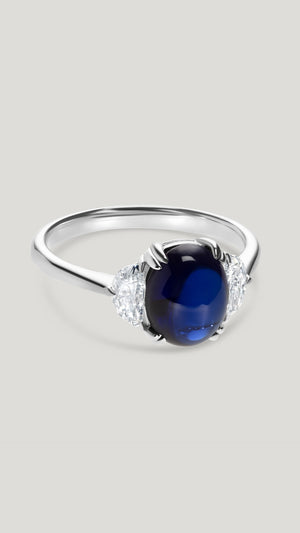 Cabochon cut sapphire ring for women with lab-grown diamond half moons 