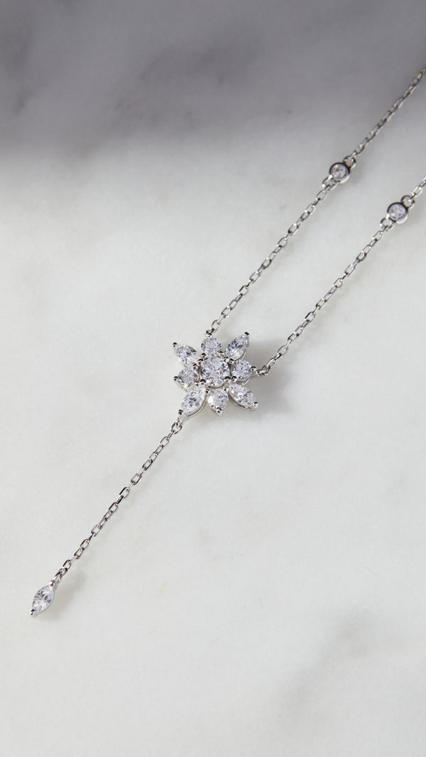 Delicate sterling silver chain necklace for women featuring marquise cut gemstone flower.