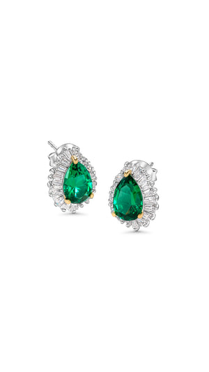 Emerald cocktail earrings for women featuring pear cut emerald gemstone centre.