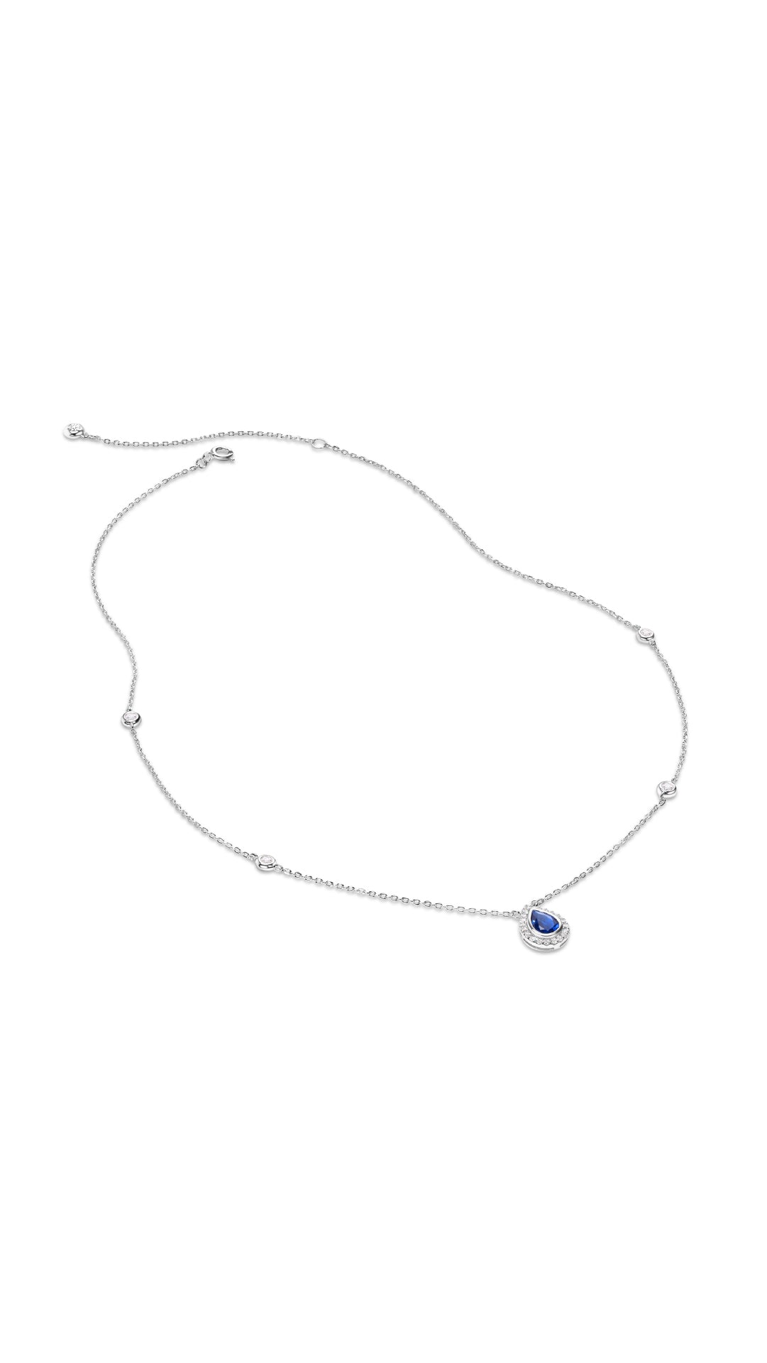 Classic sterling silver border set pear cut sapphire gemstone station necklace for women.