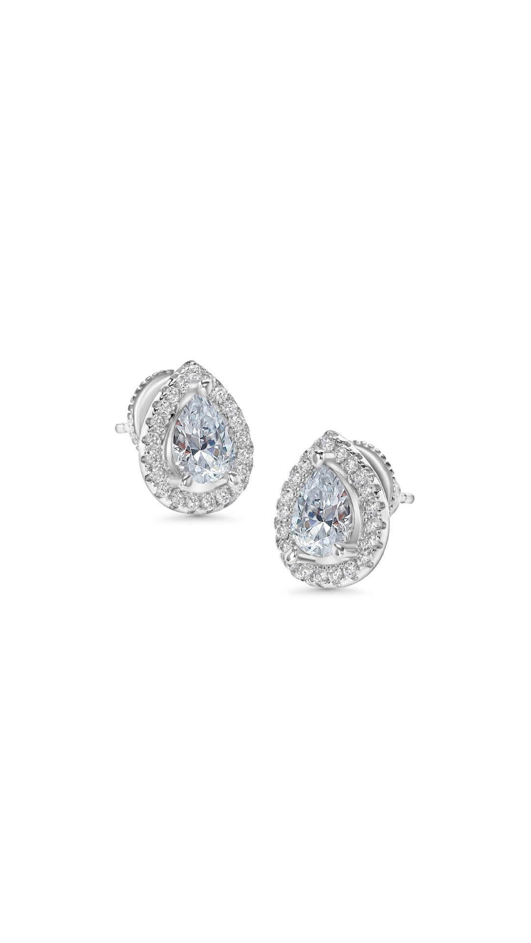 Classic everyday sterling silver studs for women featuring an exquisite border setting and a 1.25ct. equivalent pear-cut centre stone. 