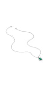 A classic pendant sterling silver necklace for women featuring a hand-cut emerald green stone and delicate border settings. It has a fine chain and a spring-ring fastening.