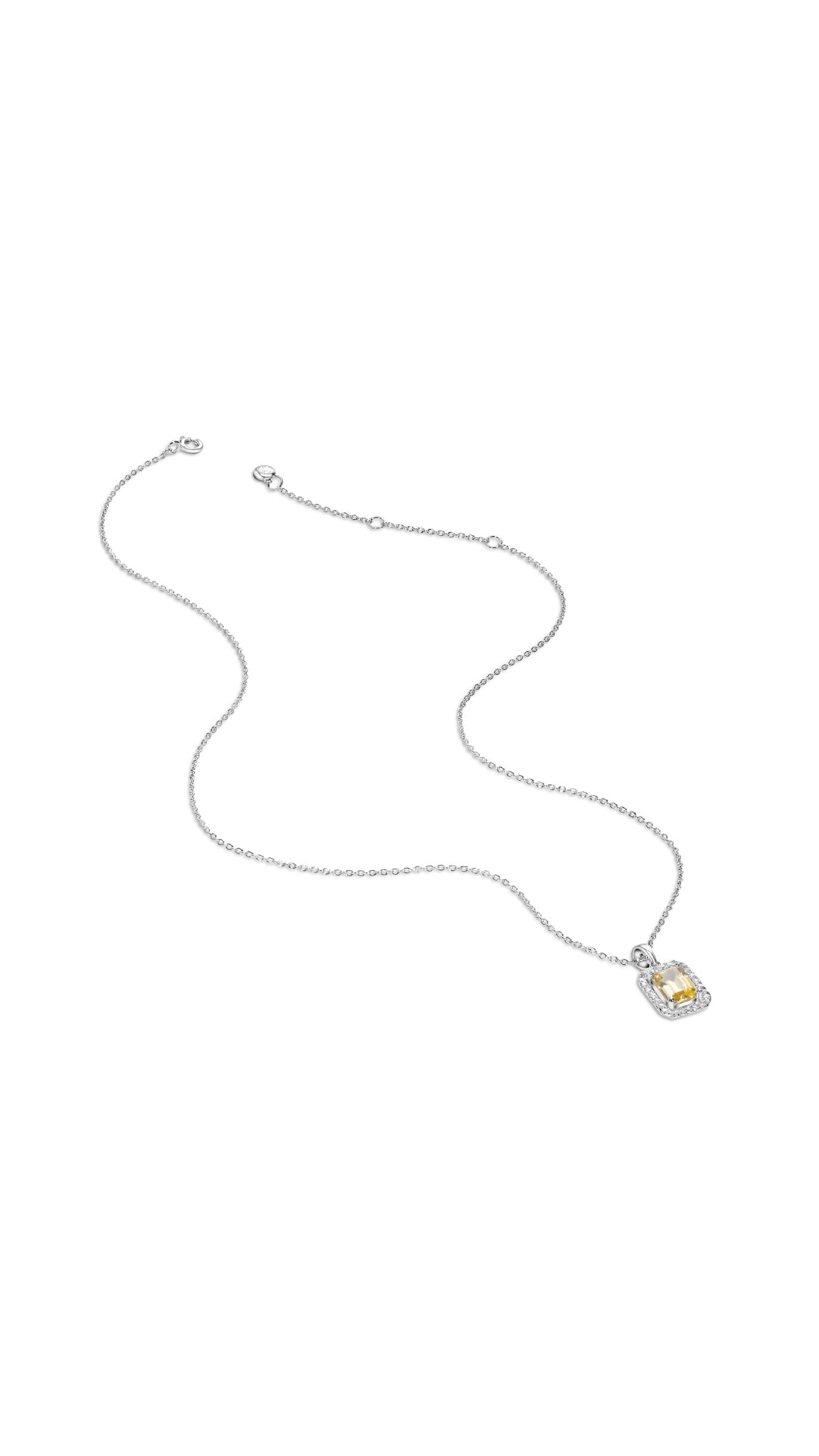 Classic sterling silver necklace for women featuring a beautifully handcrafted baguette cut  yellow gemstone surrounded by a halo of tiny stones.