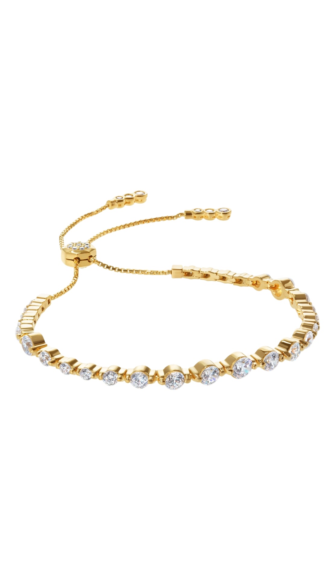 Gold tennis bracelet for women featuring varying sizes of Round Brilliant cut stones, Grace is a modern take on the traditional tennis bracelet. 