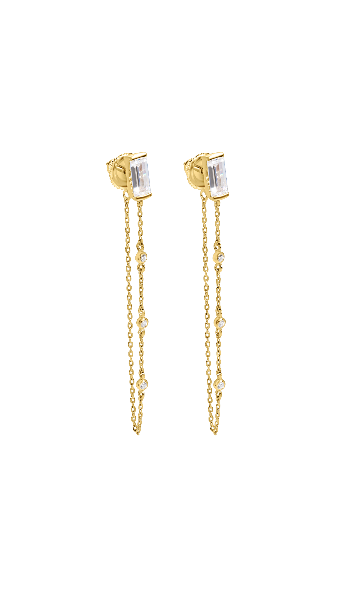 Gold earrings for women featuring a single baguette cut stone in a bezel setting with a delicate chain detail.