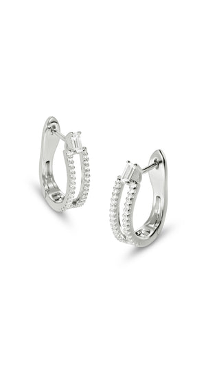 Sterling silver hoops for women embellished with a baguette cut centre stone and micro setting details.