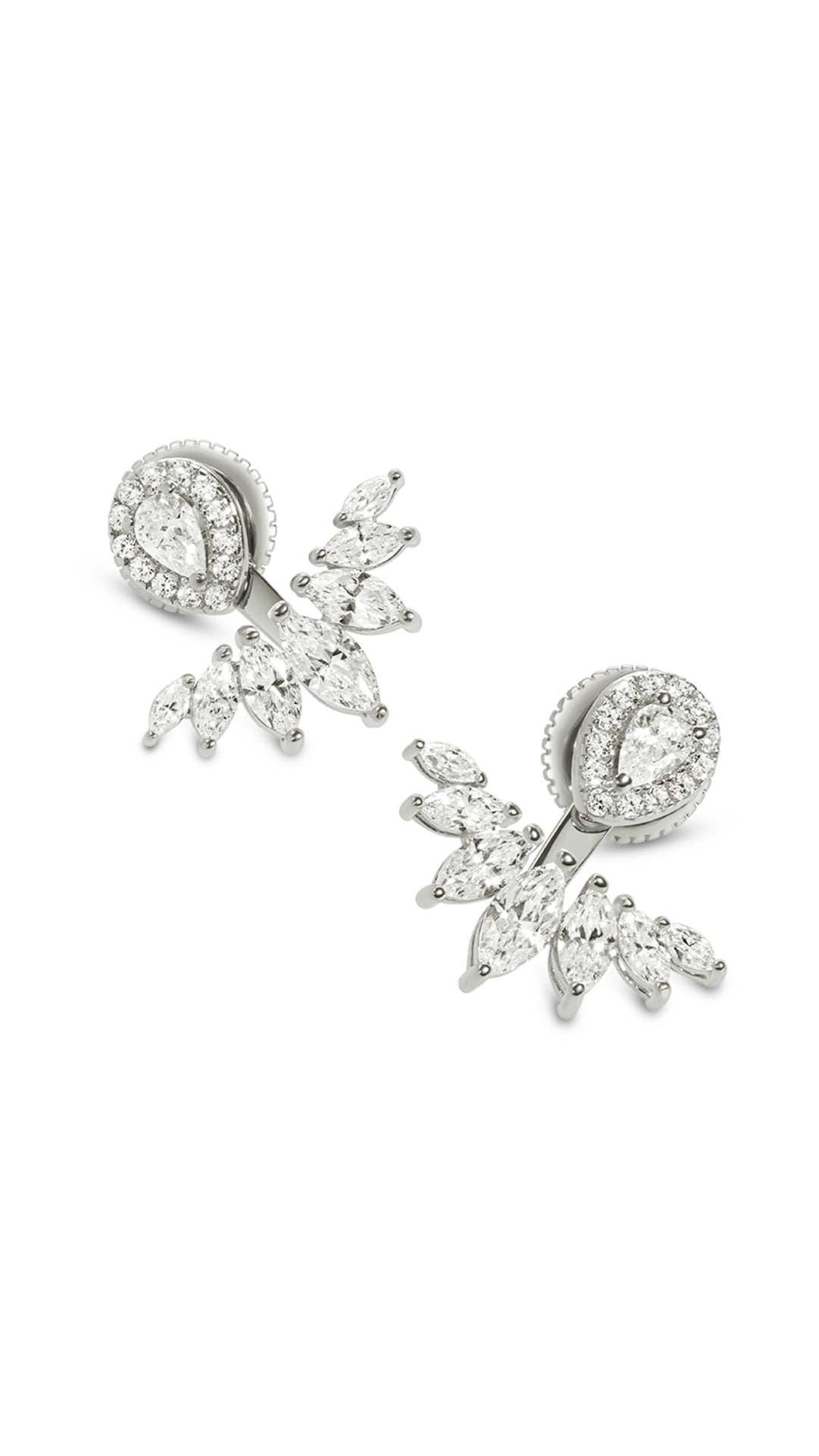 Sterling silver ear jacket earrings for women featuring  a delicate array of pears and marquise stones. Designed to be worn in two ways.