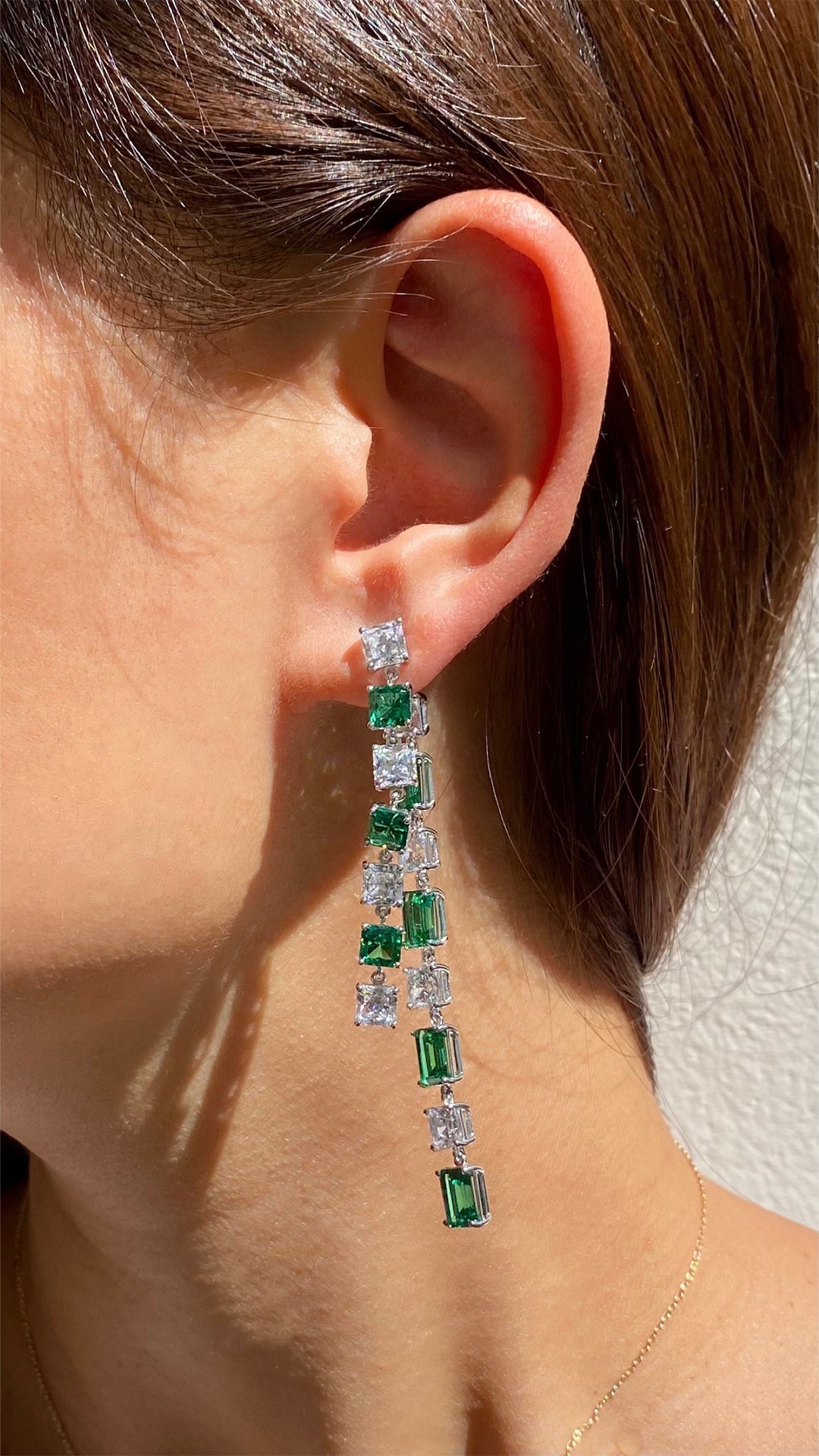 Nona Emerald Green Drop Earrings White Gold Plated