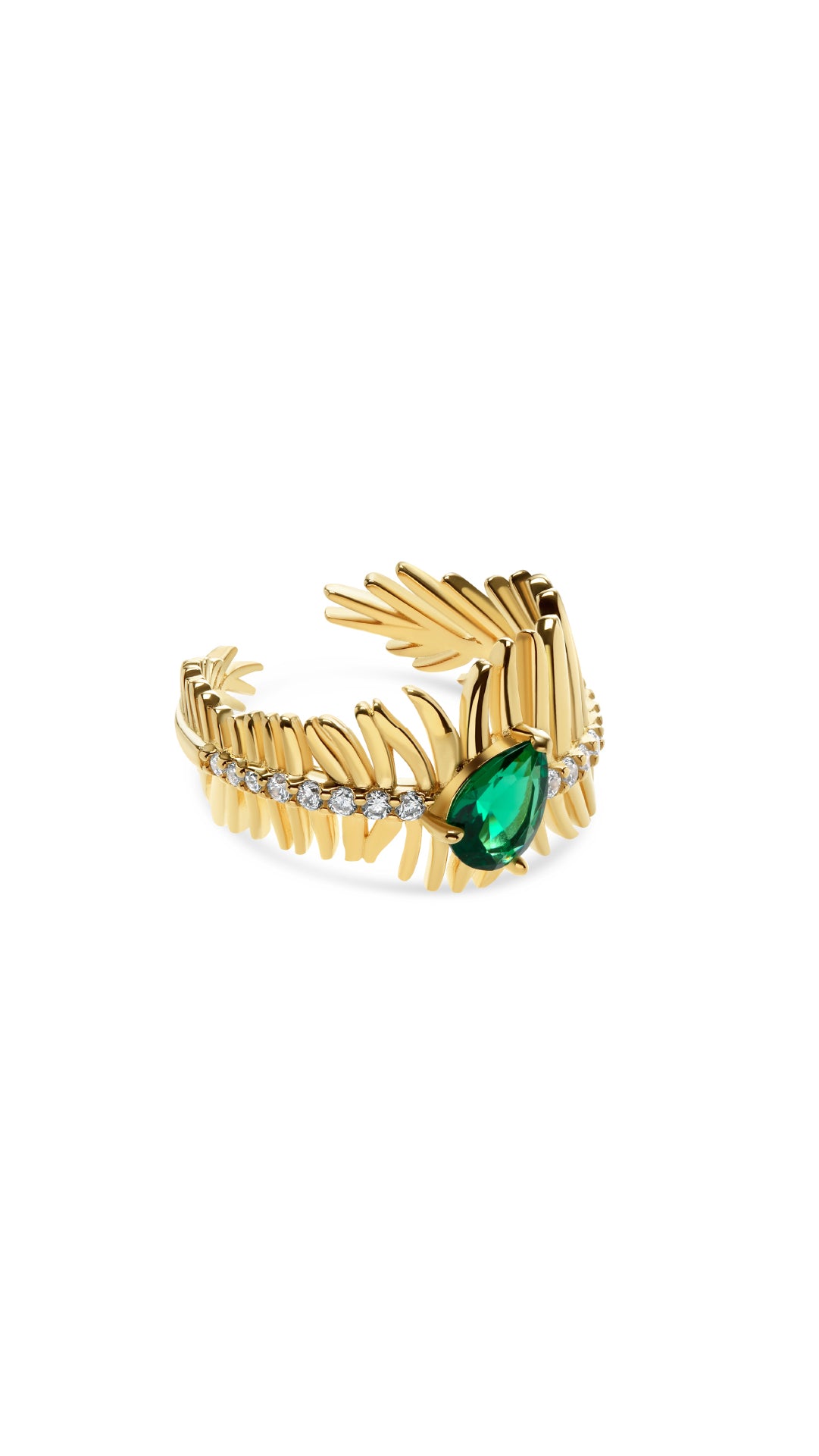 Lead design gold ring for women with emerald pear-cut gemstone centre.