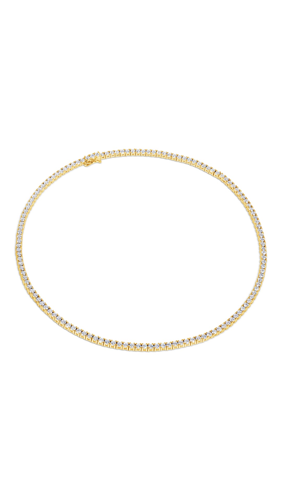 Classic line gold tennis necklace for women. Elegant round brilliant stones set to shine in white gold-plated sterling silver perfectly complement your daily and refined edits. 