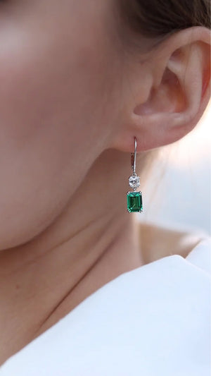 Shannon Green Emerald Euro Back Earrings White Gold Plated