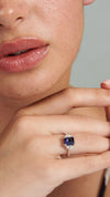 Sugarloaf Ring Sapphire with Halfmoons White Gold Plated