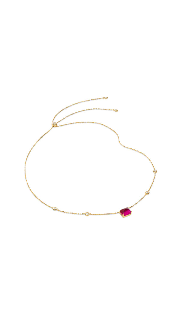 Dark pink recycled gemstone with sugarloaf cut on gold vermeil station necklace for women from the Sugardrop collection.