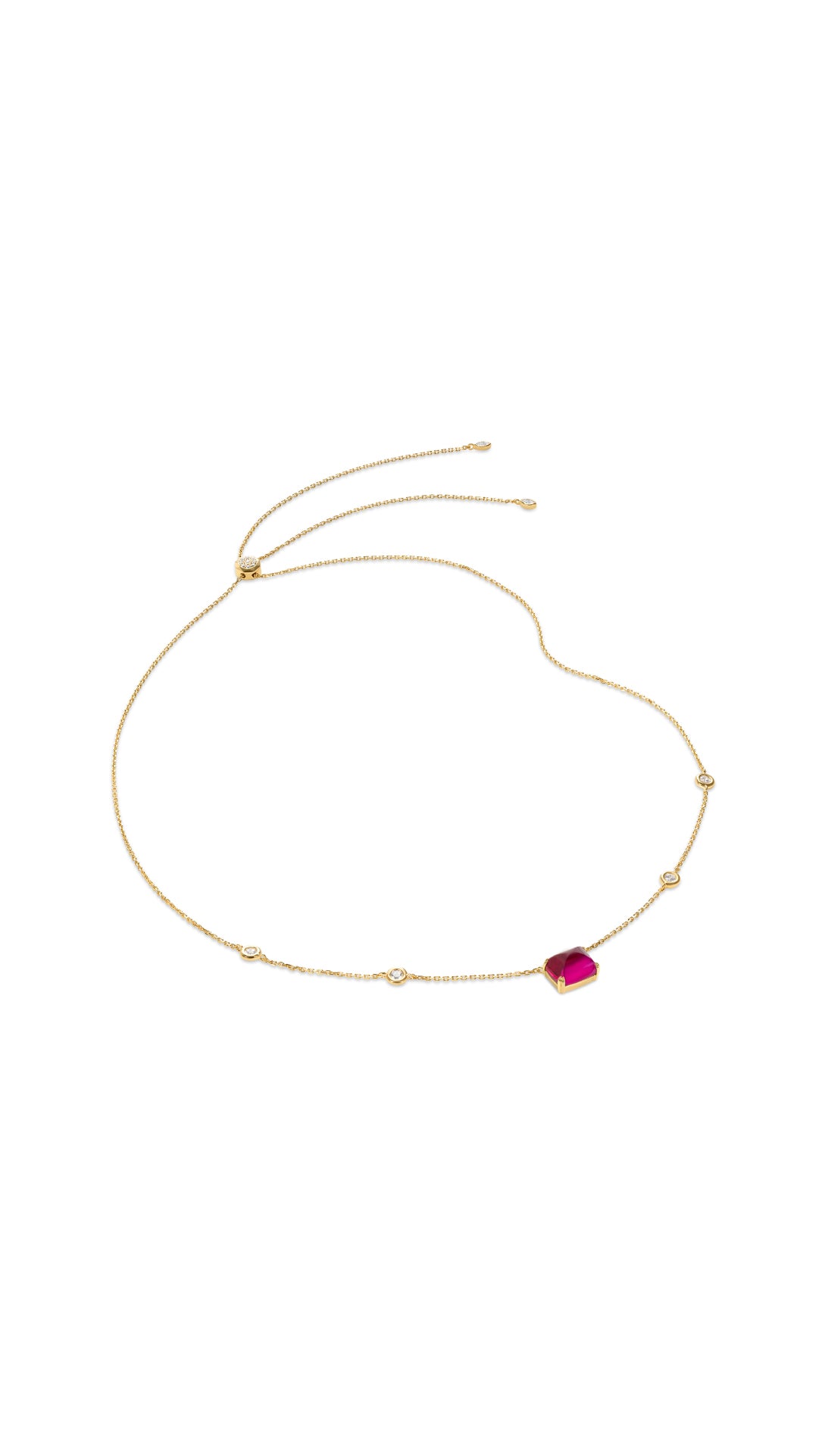 Dark pink recycled gemstone with sugarloaf cut on gold vermeil station necklace for women from the Sugardrop collection.