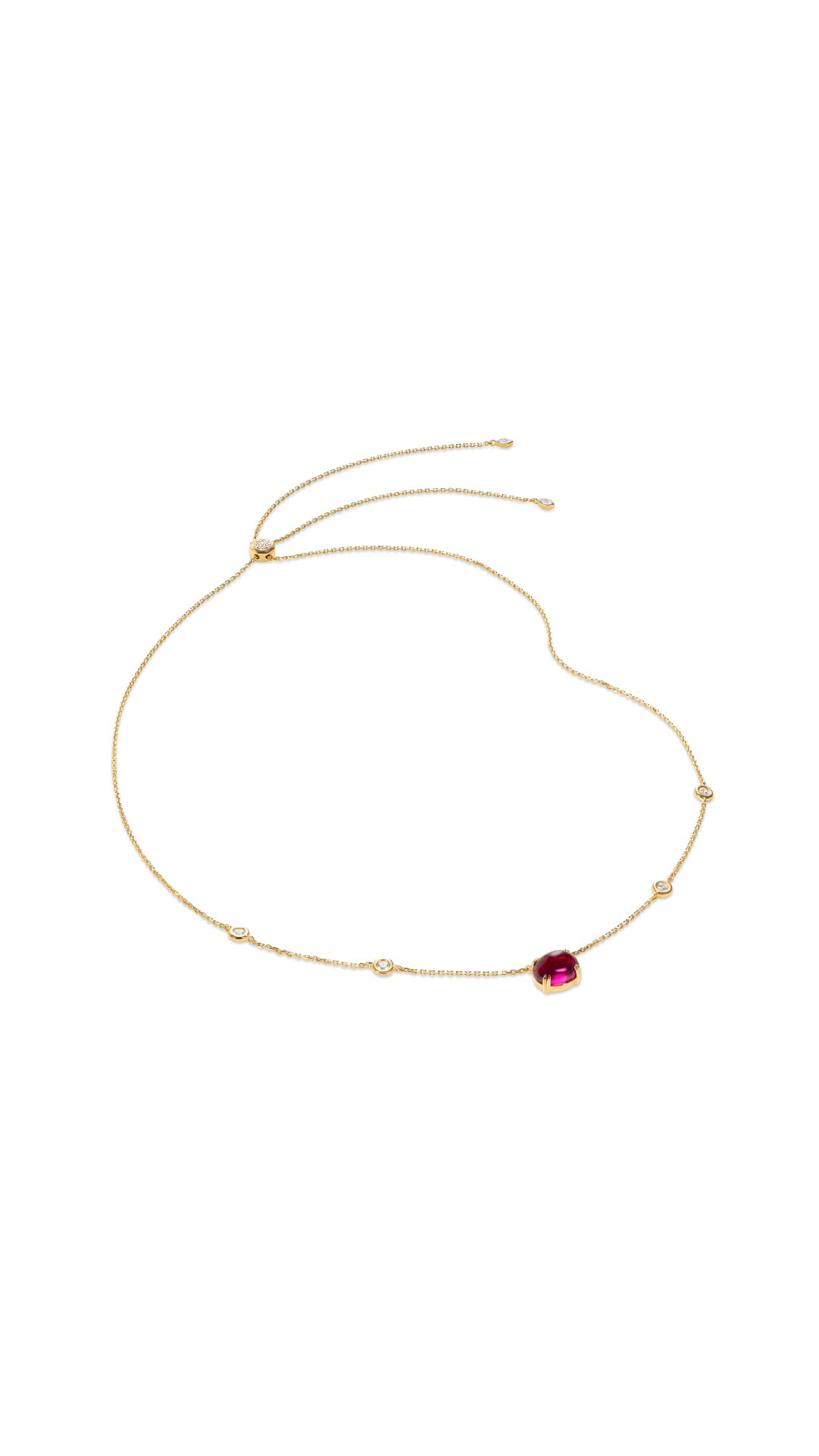 Dark pink lab-grown cabochon gemstone on a gold vermeil station necklace for women from the Sugardrop collection.