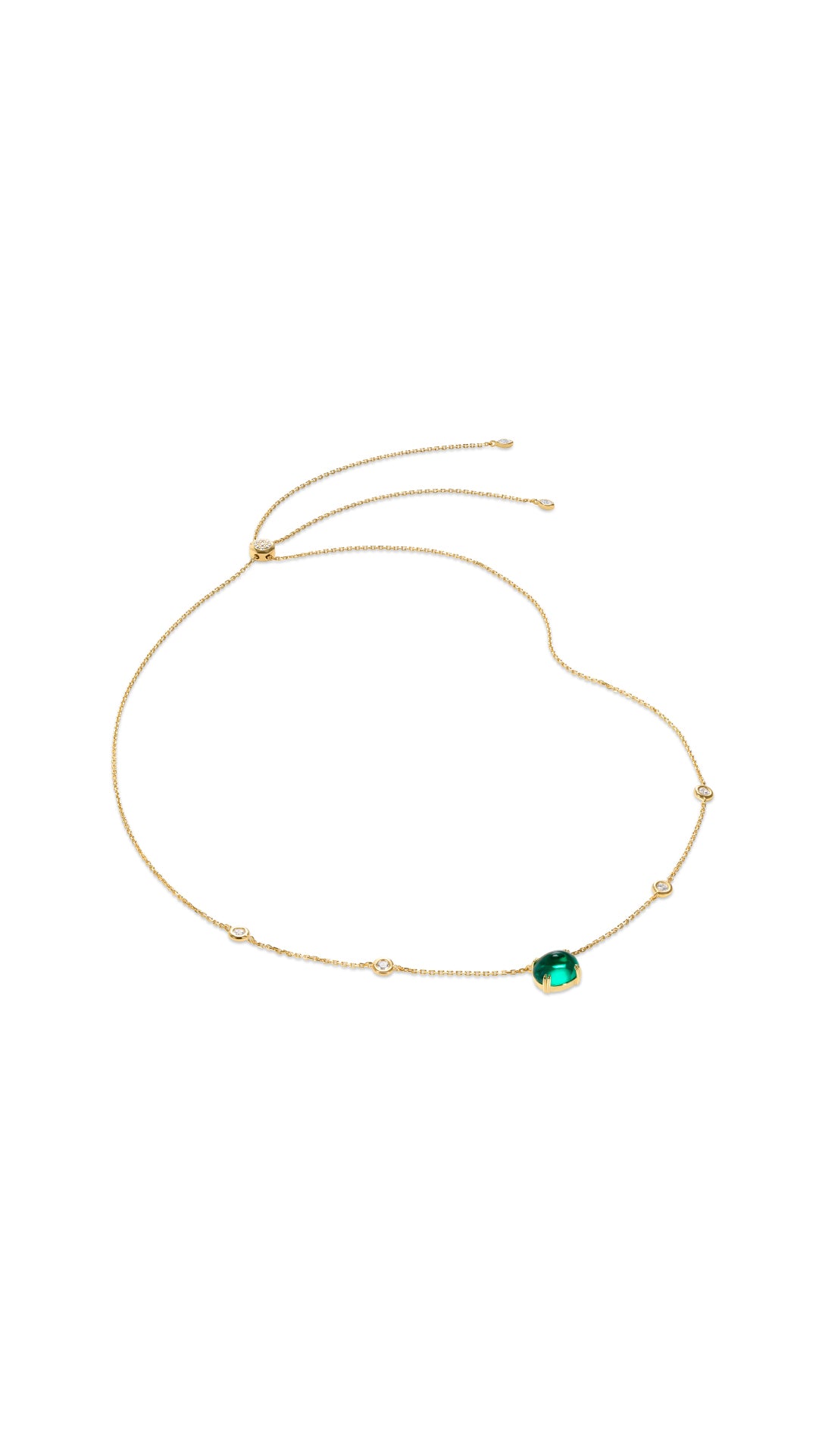 Gold vermeil station necklace featuring an emerald  cabochon stone lab-grown using recycled gemstone waste, making every stone as unique as you are.