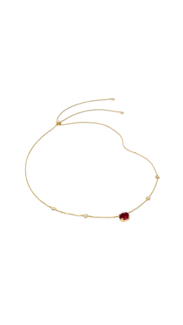 A gold vermeil slider necklace featuring a ruby stone lab-grown using recycled gemstone waste.