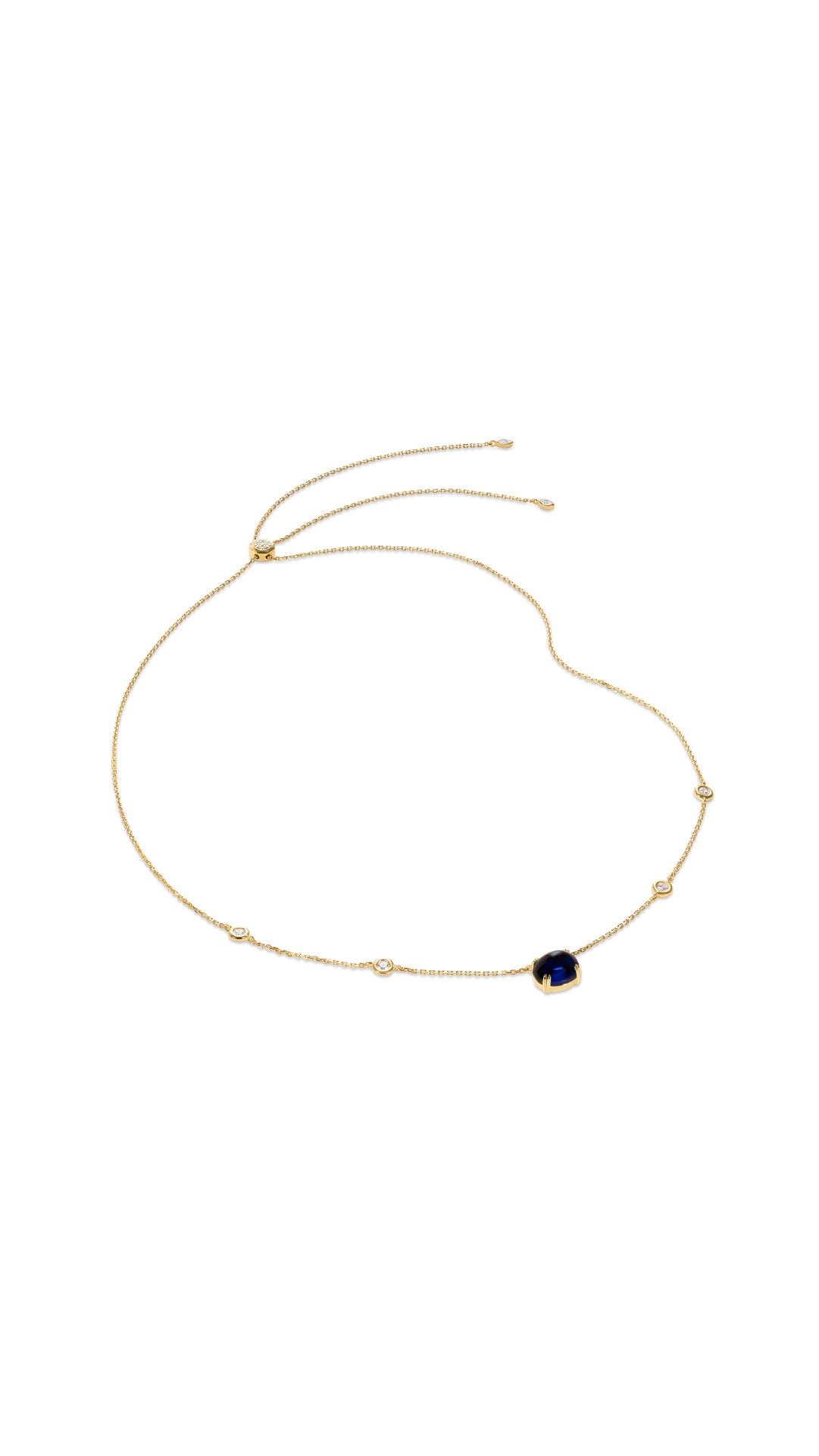 Gold vermeil station necklace for women with lab-grown sapphire cabochon stone from the Sugardrop collection.