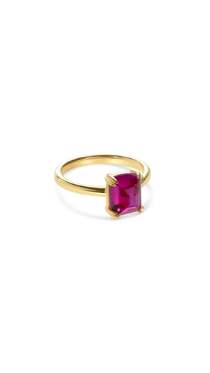 Dark pink recycled  sugarloaf stone on a sterling silver ring with gold vermeil plating. From the sugardrop collection