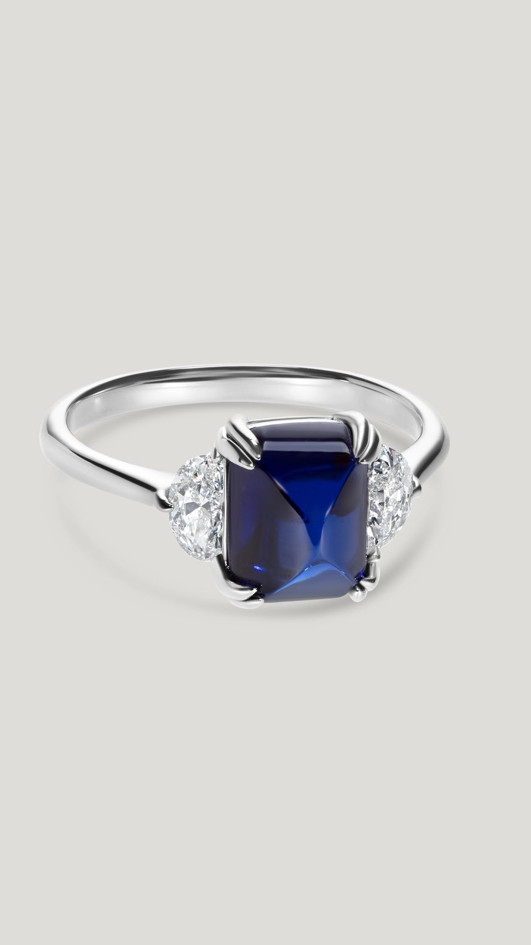 Sugarloaf cut Sapphire ring for women with lab-grown diamond half moons 