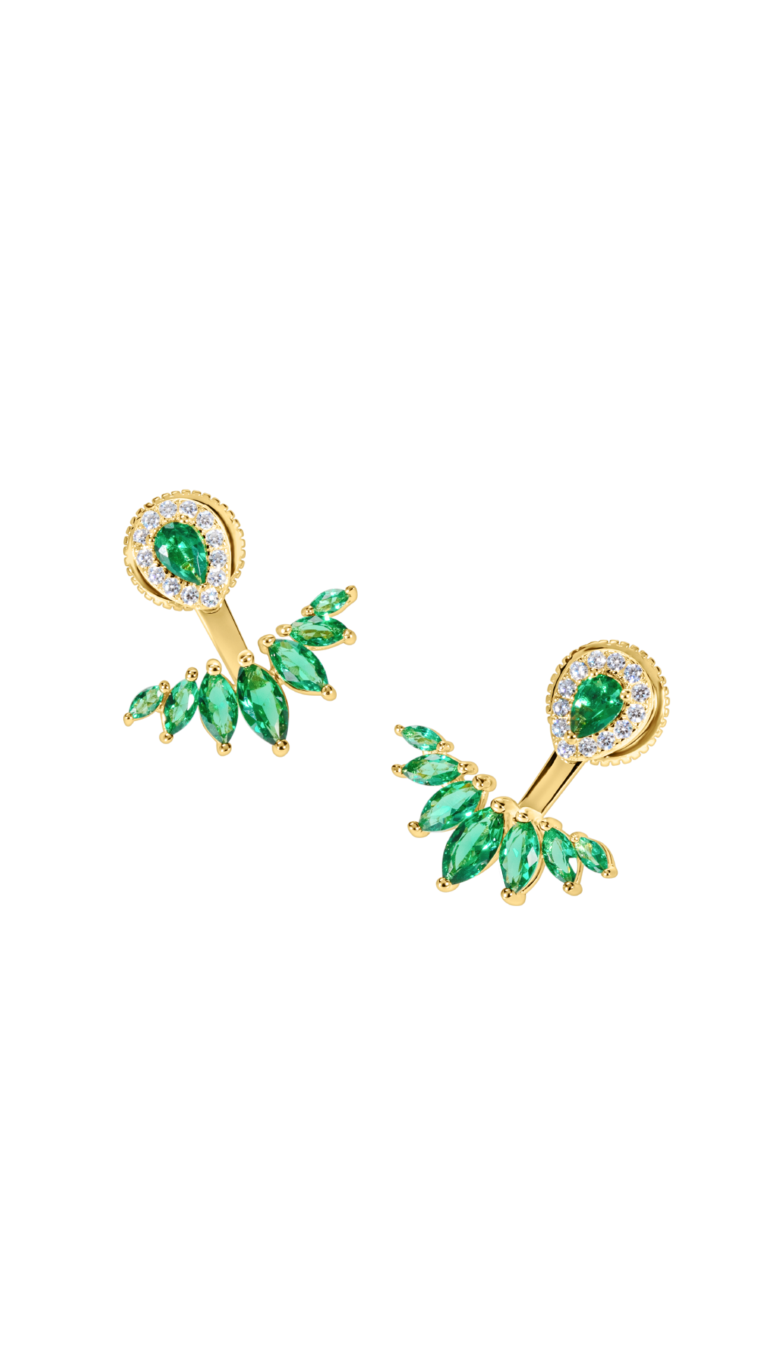 Gold and emerald earrings for women featuring exquisitely cut and polished Pear and Marquise cut gemstones. These earrings are designed to be worn 2 ways.