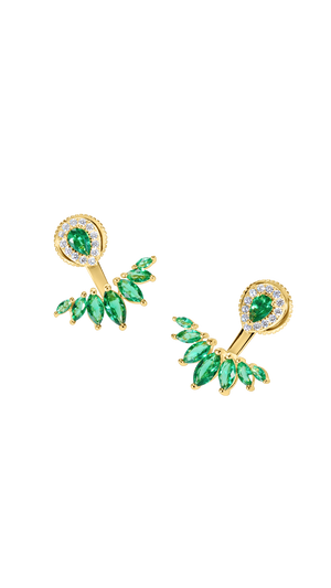 Gold and emerald earrings for women featuring exquisitely cut and polished Pear and Marquise cut gemstones. These earrings are designed to be worn 2 ways.