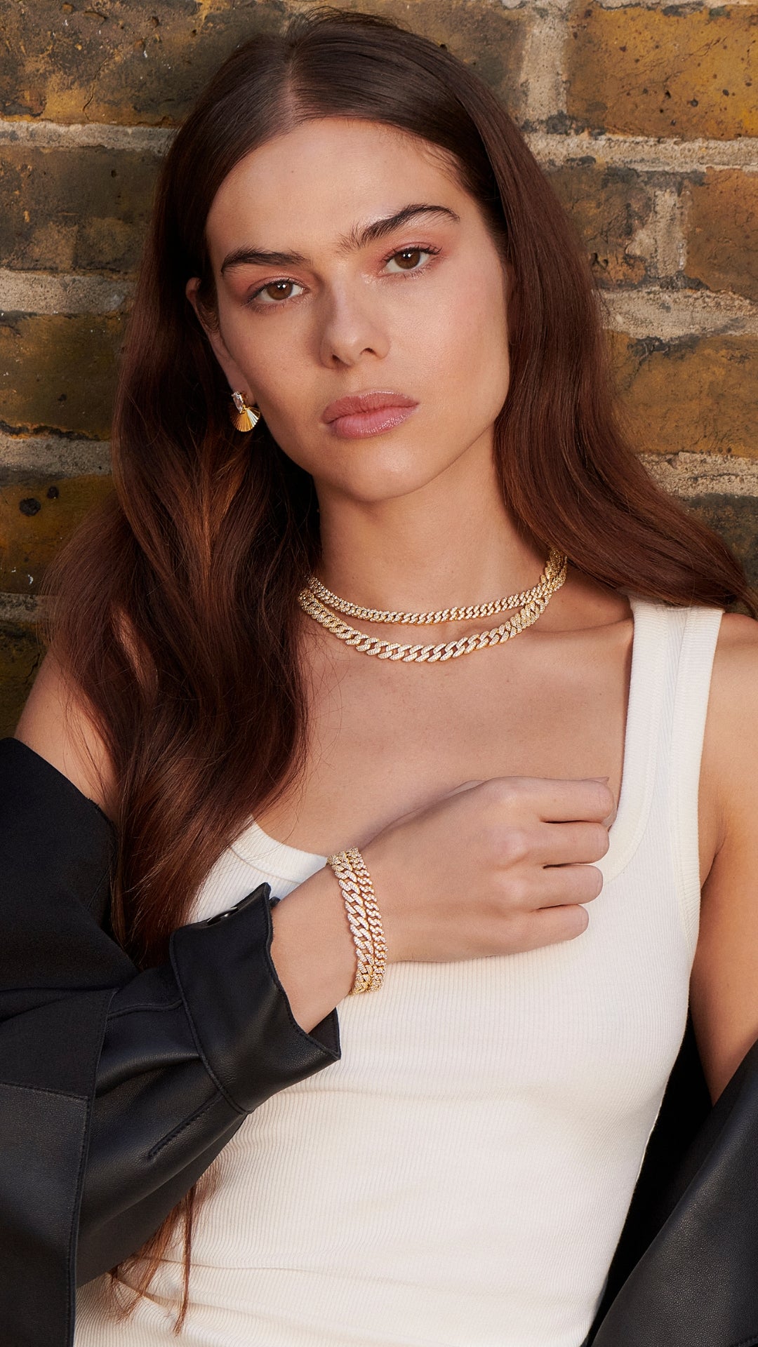 Gold vermeil pavé cuban chain stacking bracelets and layering chain necklaces for women.